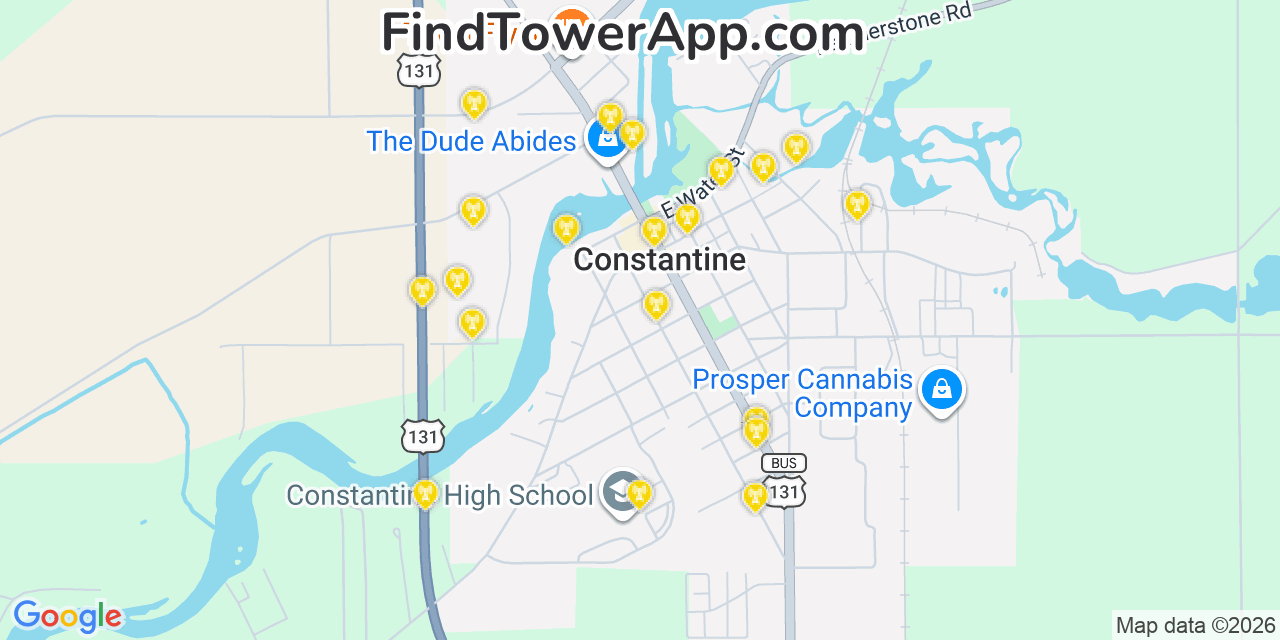 Map showing the 20 primary cell tower locations detected in Constantine, Michigan from AT&T, Verizon, and T-Mobile networks