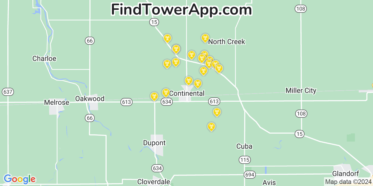 AT&T 4G/5G cell tower coverage map Continental, Ohio