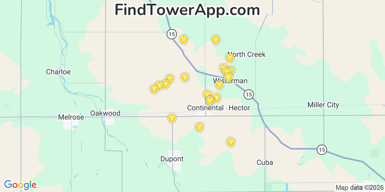 Map showing the 20 primary cell tower locations detected in Continental, Ohio from AT&T, Verizon, and T-Mobile networks