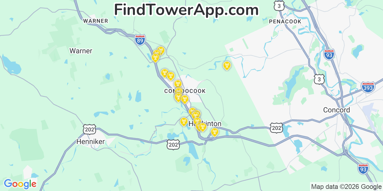Map showing the 20 primary cell tower locations detected in Contoocook, New Hampshire from AT&T, Verizon, and T-Mobile networks