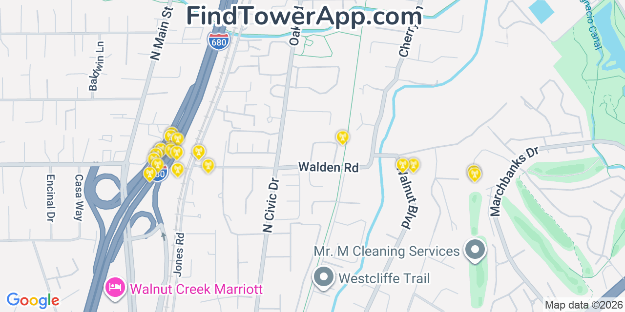 Map showing the 20 primary cell tower locations detected in Contra Costa Centre, California from AT&T, Verizon, and T-Mobile networks