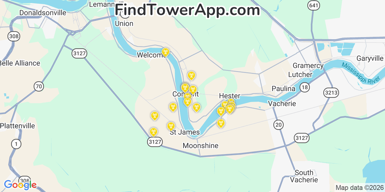 Map showing the 20 primary cell tower locations detected in Convent, Louisiana from AT&T, Verizon, and T-Mobile networks