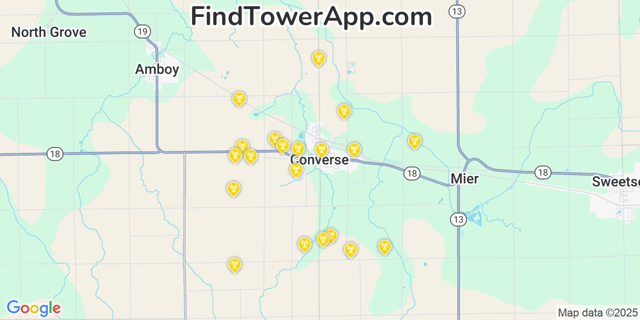 Map showing the 20 primary cell tower locations detected in Converse, Indiana from AT&T, Verizon, and T-Mobile networks
