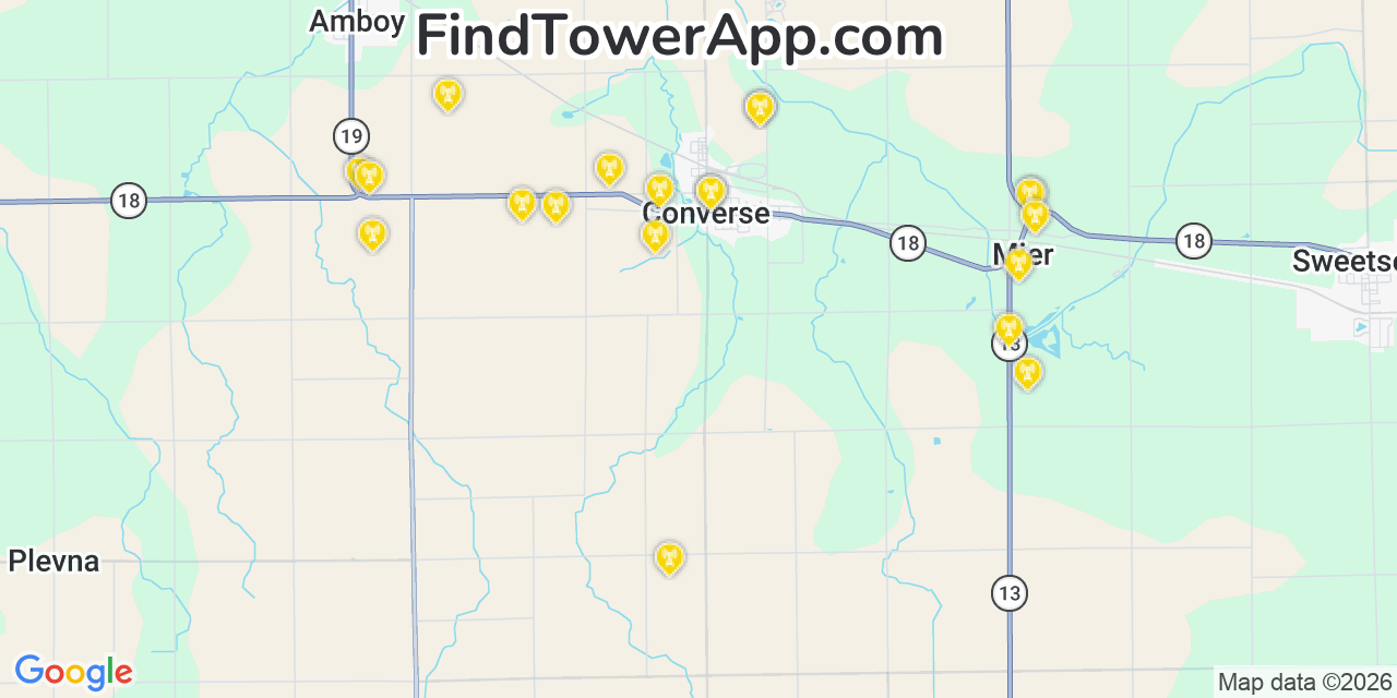 Map showing the 20 primary cell tower locations detected in Converse, Indiana from AT&T, Verizon, and T-Mobile networks