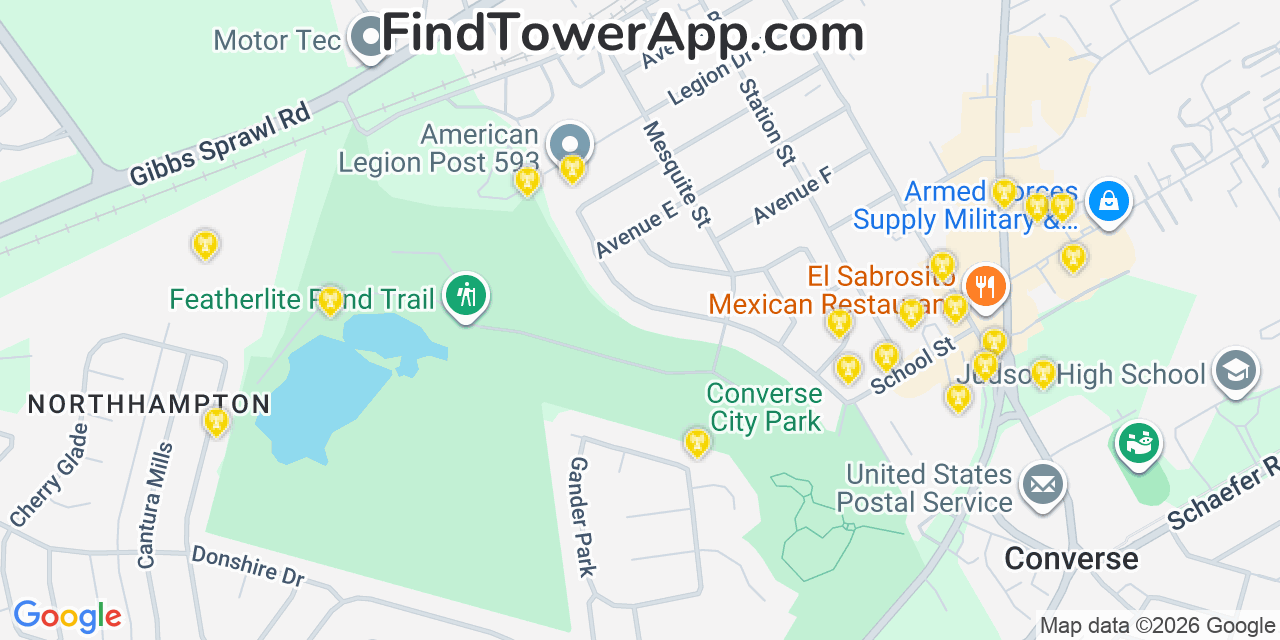 Map showing the 20 primary cell tower locations detected in Converse, Texas from AT&T, Verizon, and T-Mobile networks