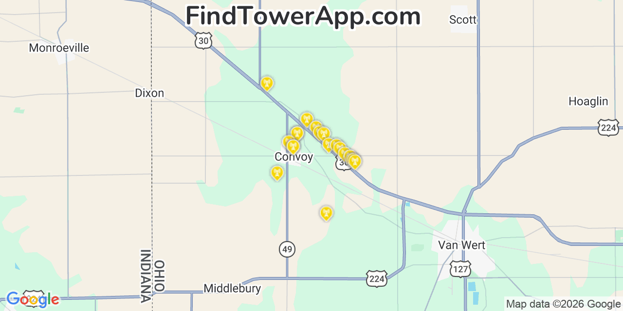 Map showing the 20 primary cell tower locations detected in Convoy, Ohio from AT&T, Verizon, and T-Mobile networks