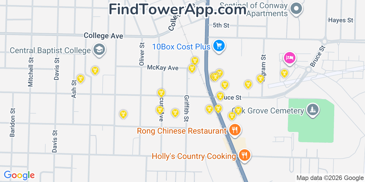 Map showing the 20 primary cell tower locations detected in Conway, Arkansas from AT&T, Verizon, and T-Mobile networks