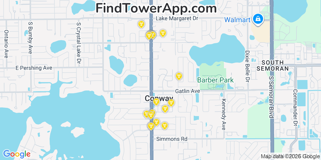 Map showing the 20 primary cell tower locations detected in Conway, Florida from AT&T, Verizon, and T-Mobile networks