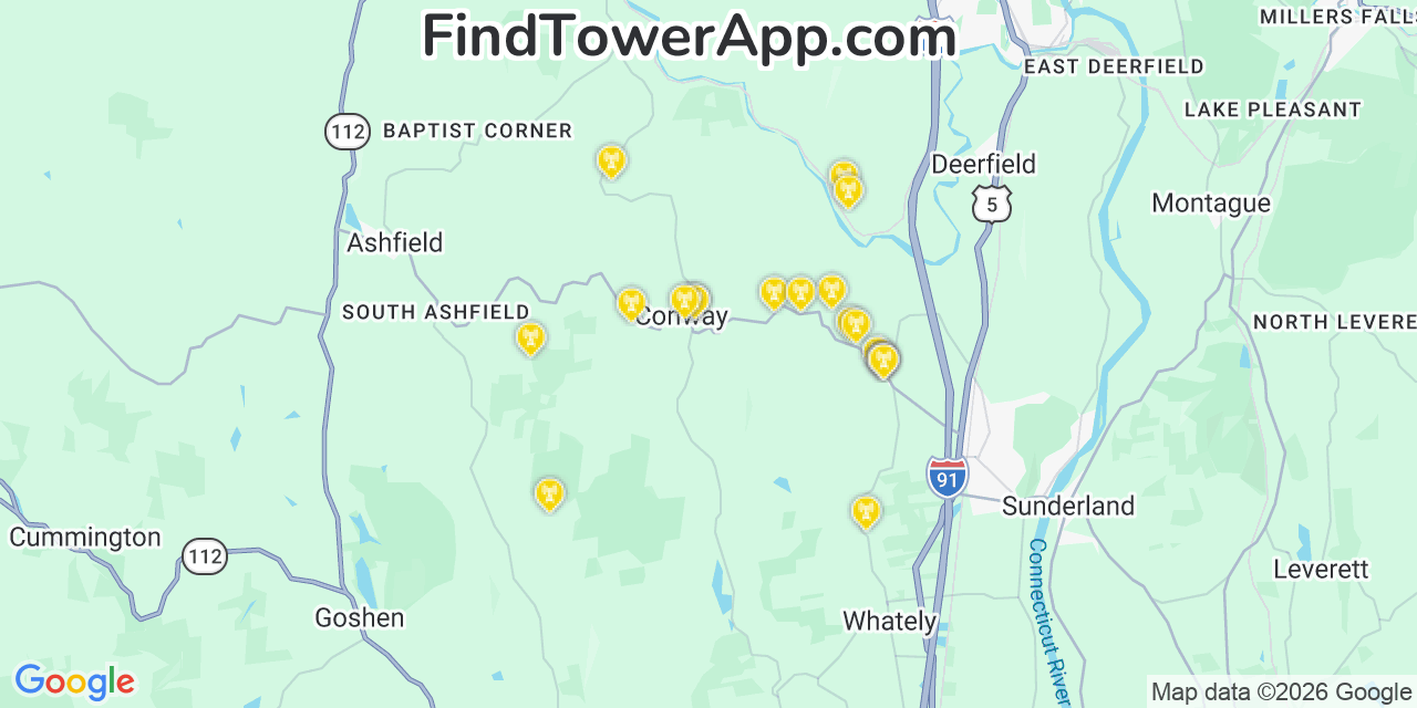 Map showing the 20 primary cell tower locations detected in Conway, Massachusetts from AT&T, Verizon, and T-Mobile networks