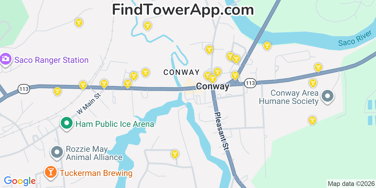 Map showing the 20 primary cell tower locations detected in Conway, New Hampshire from AT&T, Verizon, and T-Mobile networks