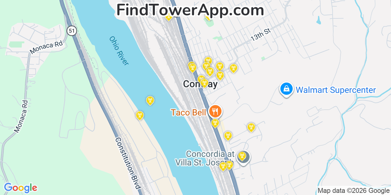Map showing the 20 primary cell tower locations detected in Conway, Pennsylvania from AT&T, Verizon, and T-Mobile networks