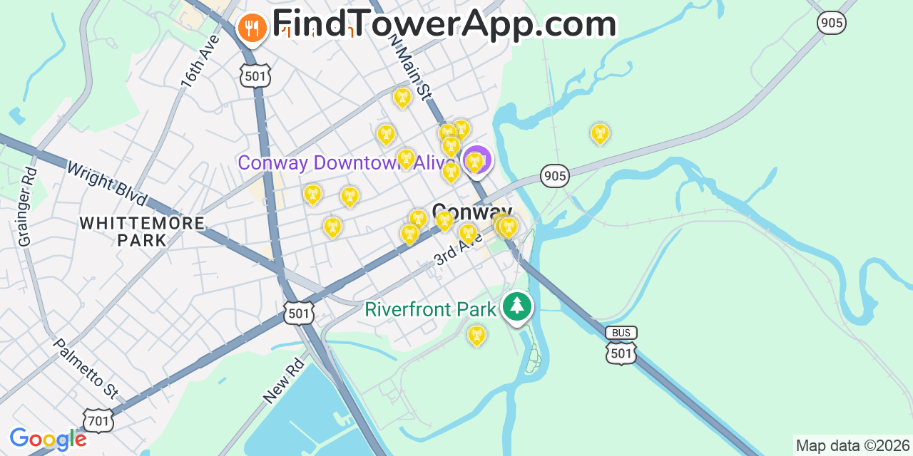Map showing the 20 primary cell tower locations detected in Conway, South Carolina from AT&T, Verizon, and T-Mobile networks