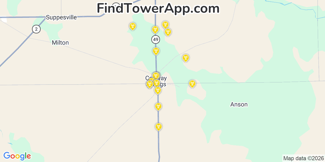 Map showing the 20 primary cell tower locations detected in Conway Springs, Kansas from AT&T, Verizon, and T-Mobile networks