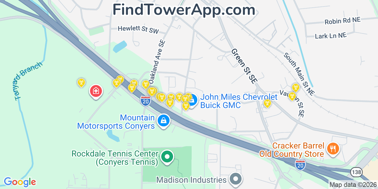 Map showing the 20 primary cell tower locations detected in Conyers, Georgia from AT&T, Verizon, and T-Mobile networks