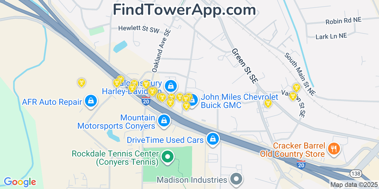 Map showing the 20 primary Mobitel cell tower locations detected in Conyers, Georgia with coverage radius and signal strength indicators