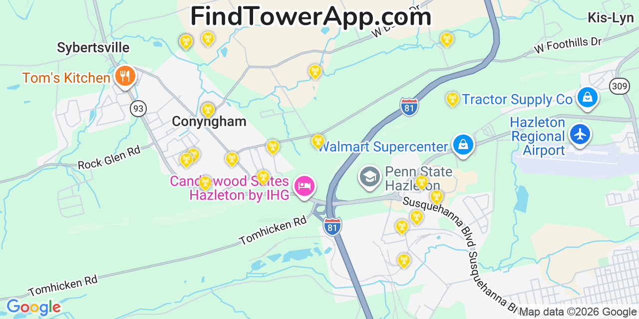 Map showing the 20 primary cell tower locations detected in Conyngham, Pennsylvania from AT&T, Verizon, and T-Mobile networks