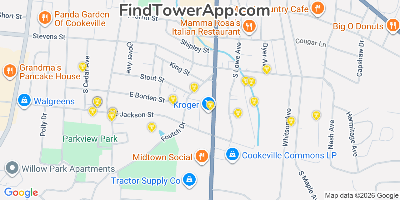 Map showing the 20 primary cell tower locations detected in Cookeville, Tennessee from AT&T, Verizon, and T-Mobile networks