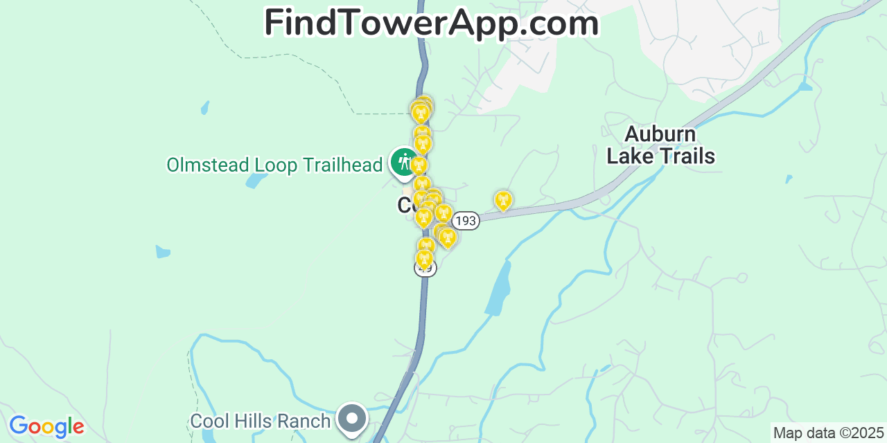 Map showing the 20 primary cell tower locations detected in Cool, California from AT&T, Verizon, and T-Mobile networks