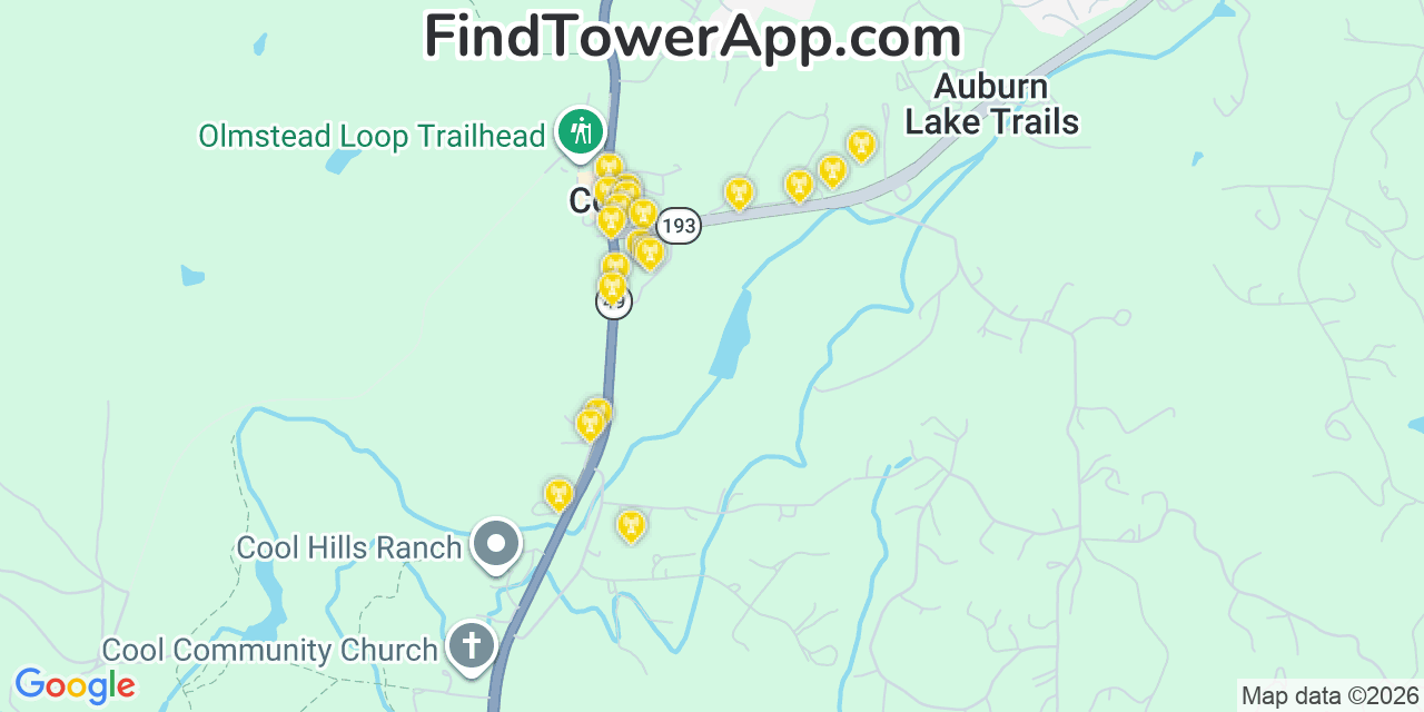 Map showing the 20 primary cell tower locations detected in Cool, California from AT&T, Verizon, and T-Mobile networks