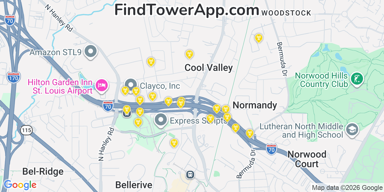 Map showing the 20 primary cell tower locations detected in Cool Valley, Missouri from AT&T, Verizon, and T-Mobile networks