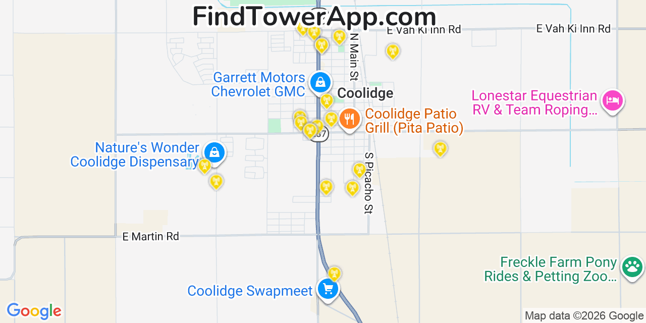 Map showing the 20 primary cell tower locations detected in Coolidge, Arizona from AT&T, Verizon, and T-Mobile networks