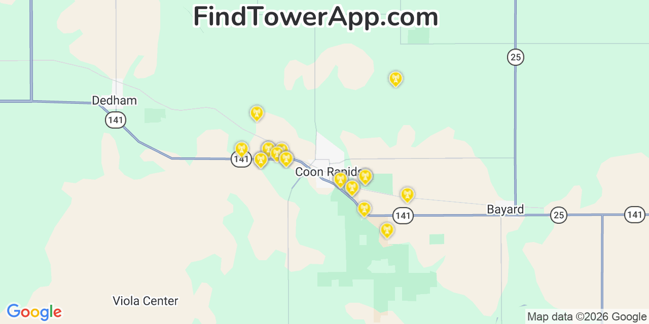 Map showing the 20 primary cell tower locations detected in Coon Rapids, Iowa from AT&T, Verizon, and T-Mobile networks