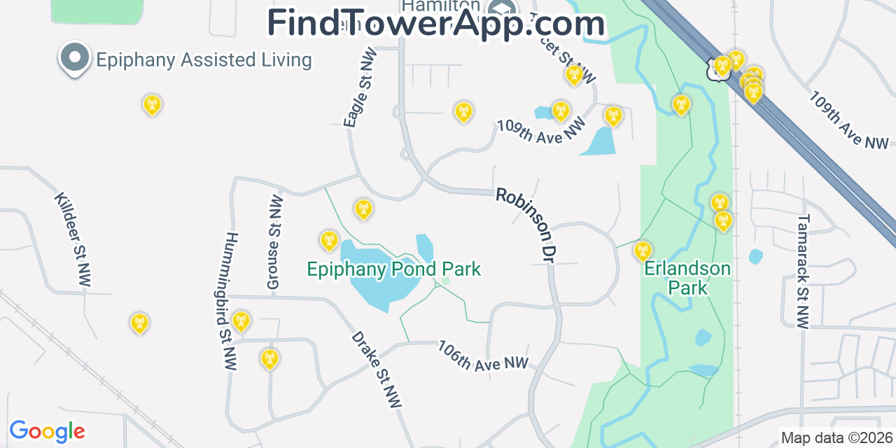 Map showing the 20 primary cell tower locations detected in Coon Rapids, Minnesota from AT&T, Verizon, and T-Mobile networks