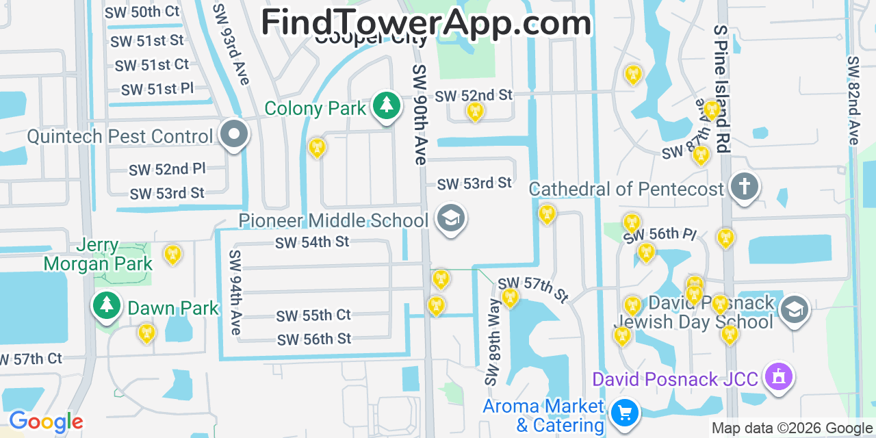 Map showing the 20 primary cell tower locations detected in Cooper City, Florida from AT&T, Verizon, and T-Mobile networks