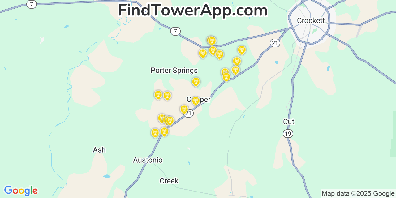 Map showing the 20 primary cell tower locations detected in Cooper, Texas from AT&T, Verizon, and T-Mobile networks
