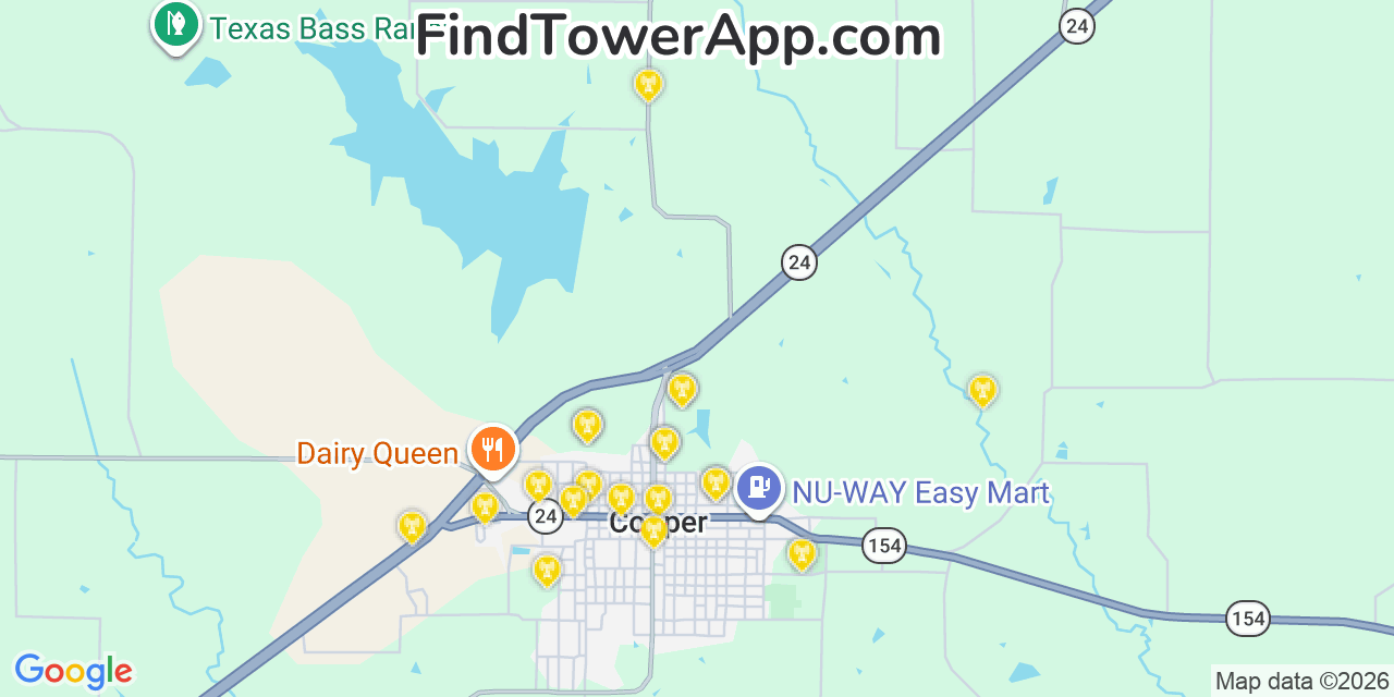 Map showing the 20 primary cell tower locations detected in Cooper, Texas from AT&T, Verizon, and T-Mobile networks