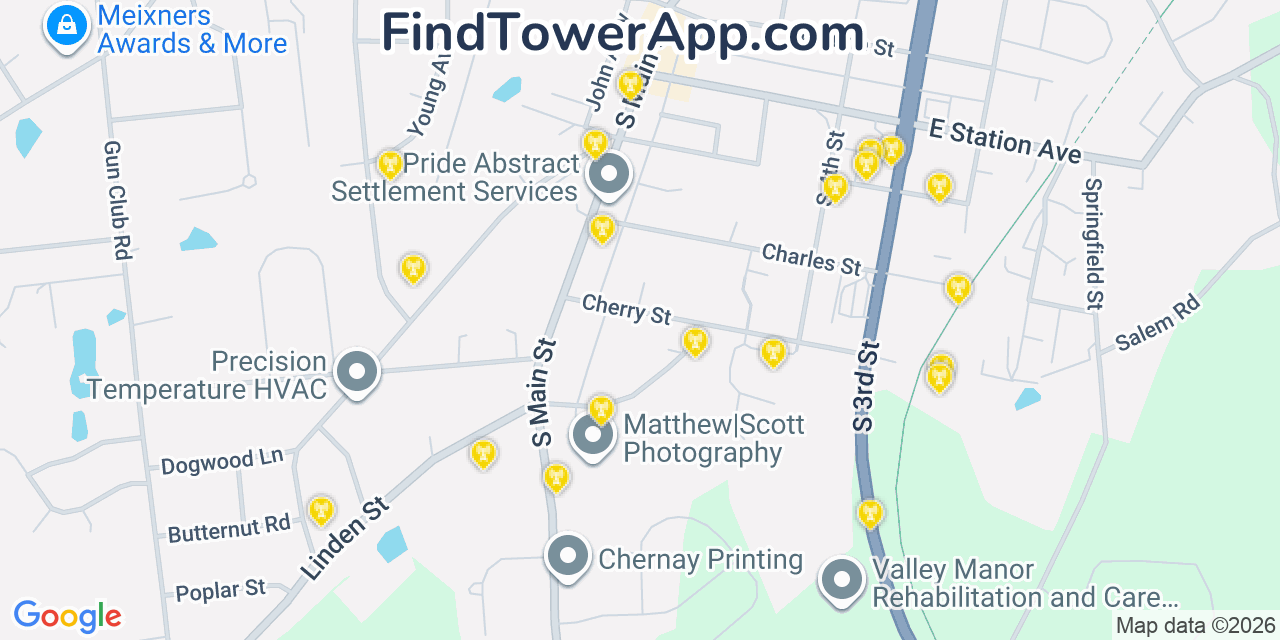 Map showing the 20 primary cell tower locations detected in Coopersburg, Pennsylvania from AT&T, Verizon, and T-Mobile networks