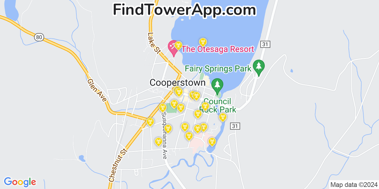 AT&T 4G/5G cell tower coverage map Cooperstown, New York