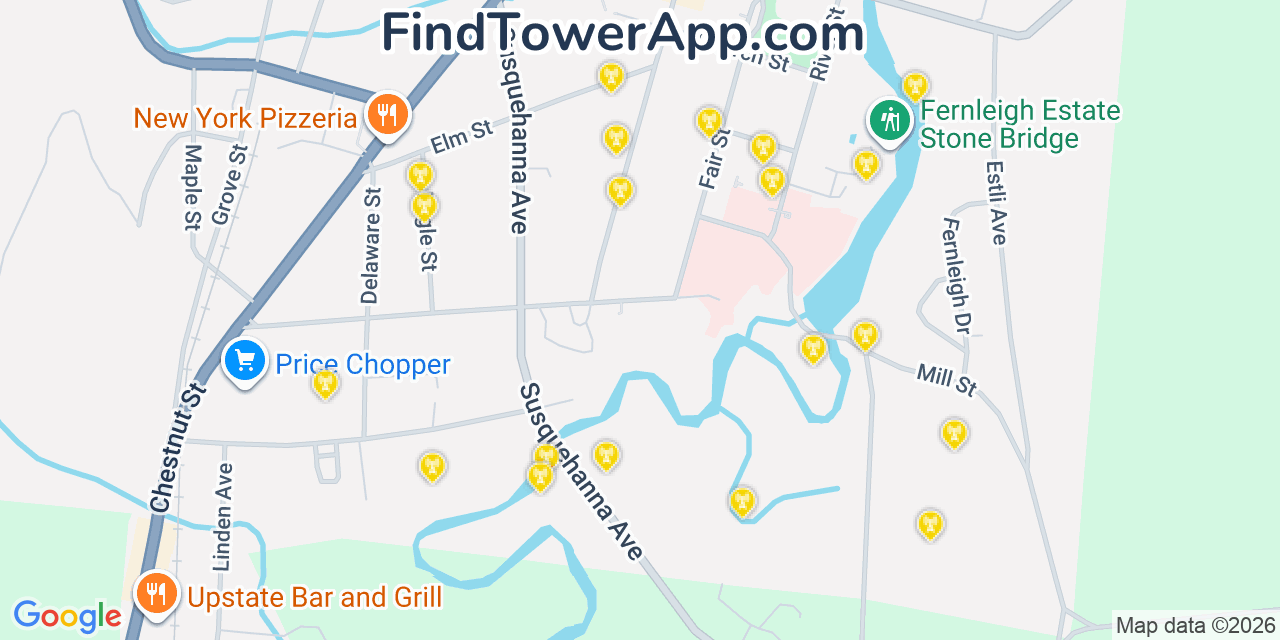 Map showing the 20 primary cell tower locations detected in Cooperstown, New York from AT&T, Verizon, and T-Mobile networks