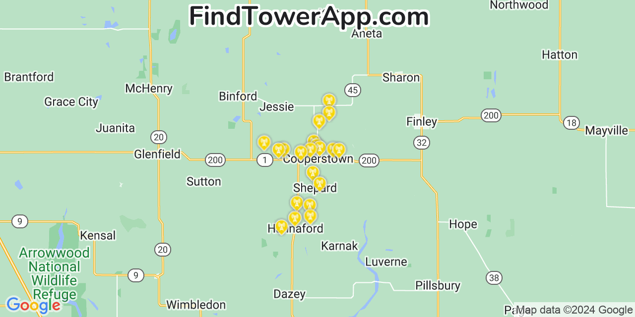 AT&T 4G/5G cell tower coverage map Cooperstown, North Dakota