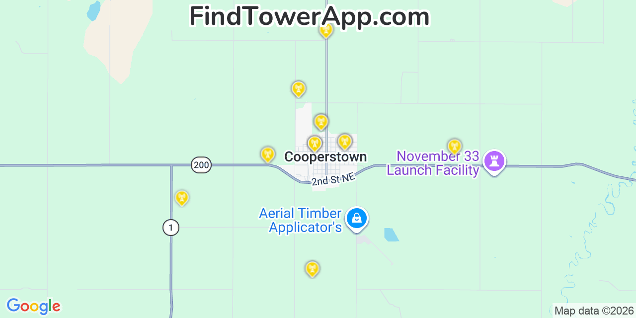 Map showing the 20 primary cell tower locations detected in Cooperstown, North Dakota from AT&T, Verizon, and T-Mobile networks