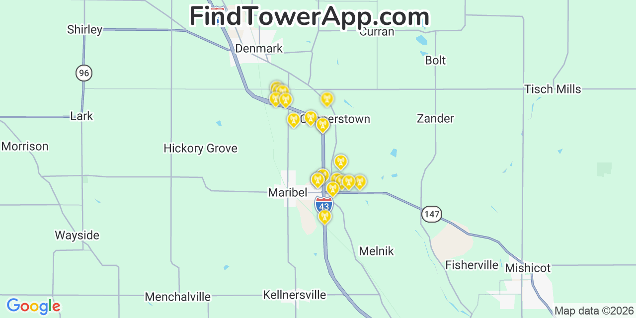 Map showing the 20 primary cell tower locations detected in Cooperstown, Wisconsin from AT&T, Verizon, and T-Mobile networks