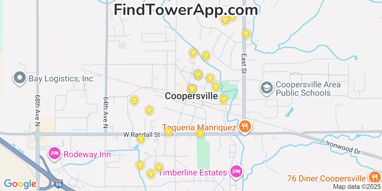 Map showing the 20 primary cell tower locations detected in Coopersville, Michigan from AT&T, Verizon, and T-Mobile networks