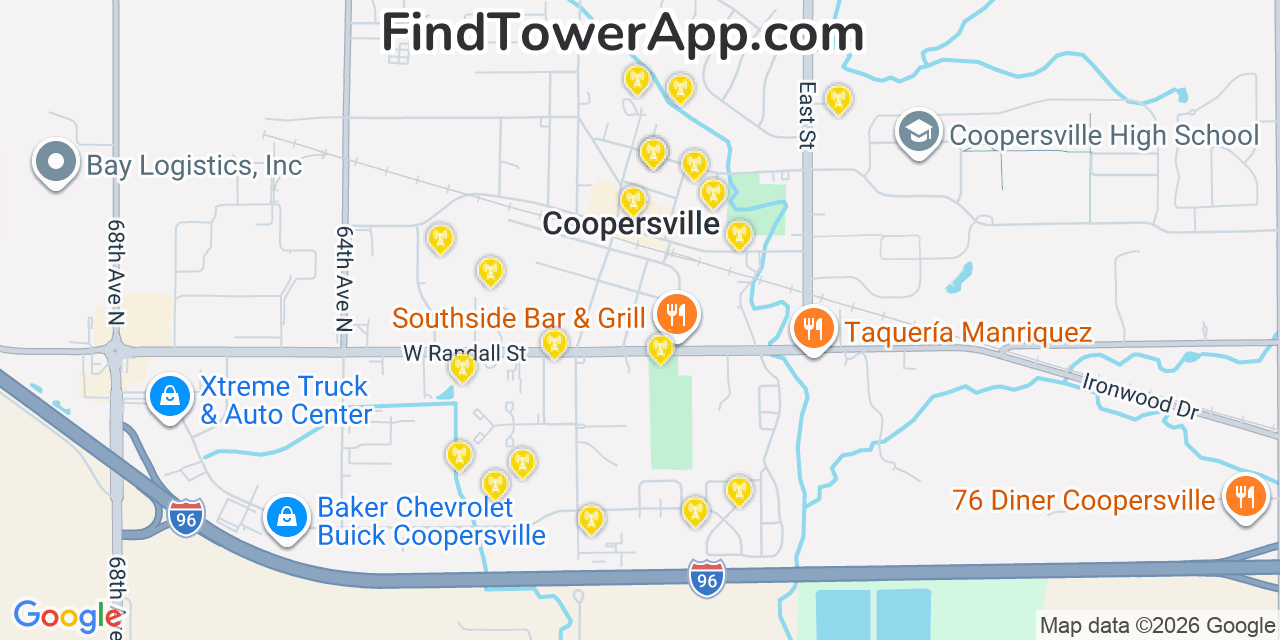 Map showing the 20 primary cell tower locations detected in Coopersville, Michigan from AT&T, Verizon, and T-Mobile networks