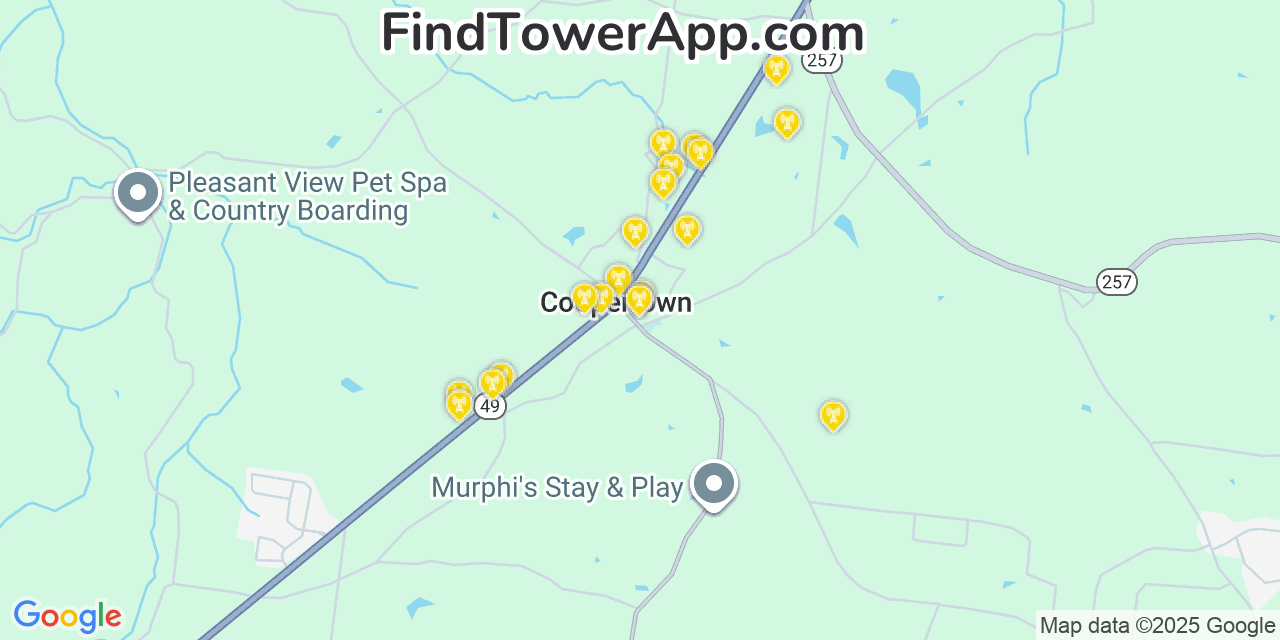 Map showing the 20 primary cell tower locations detected in Coopertown, Tennessee from AT&T, Verizon, and T-Mobile networks