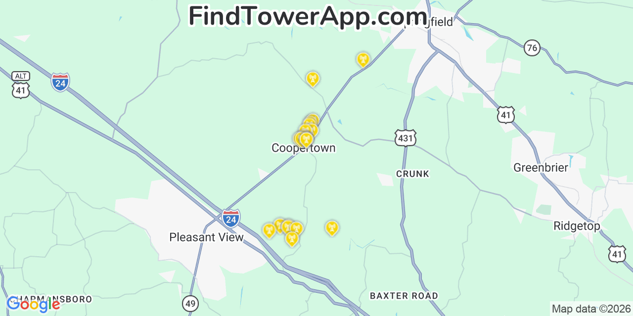 Map showing the 20 primary cell tower locations detected in Coopertown, Tennessee from AT&T, Verizon, and T-Mobile networks