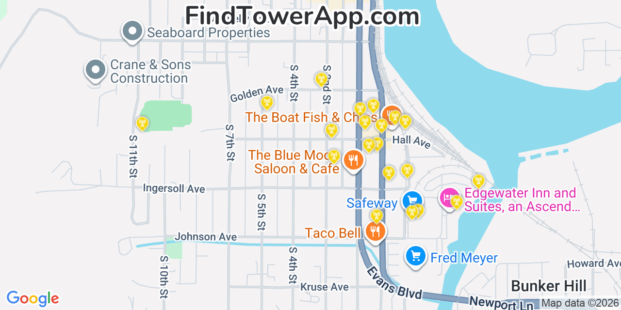 Map showing the 20 primary cell tower locations detected in Coos Bay, Oregon from AT&T, Verizon, and T-Mobile networks