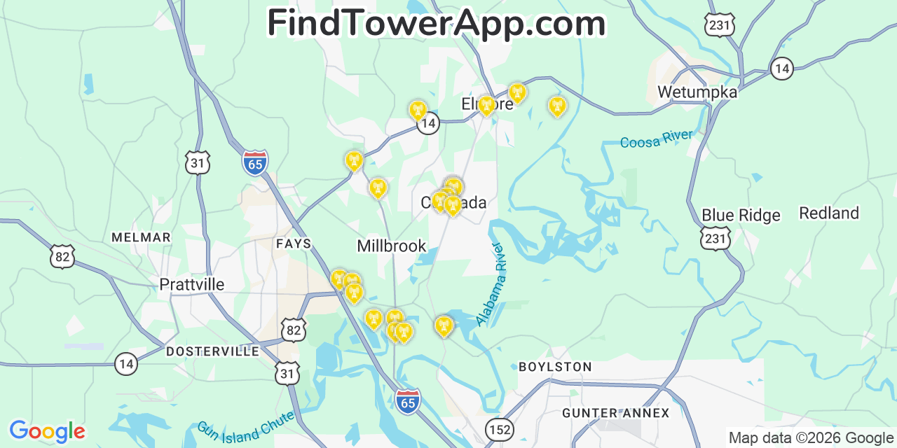 Map showing the 20 primary cell tower locations detected in Coosada, Alabama from AT&T, Verizon, and T-Mobile networks
