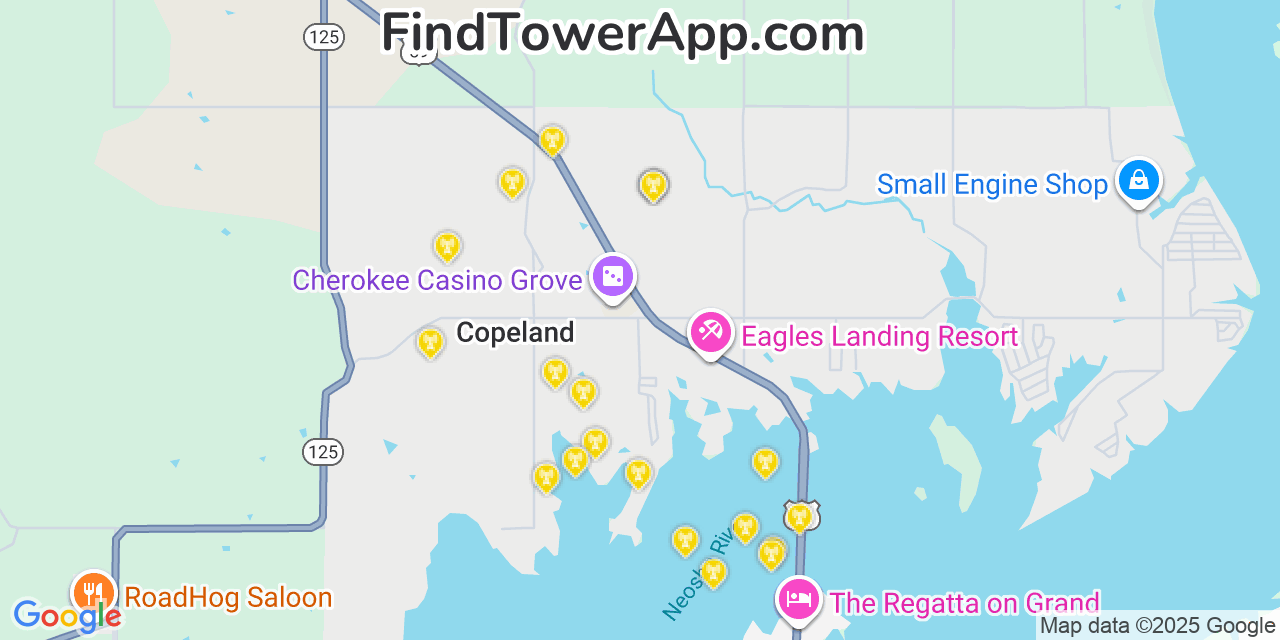 Map showing the 20 primary cell tower locations detected in Copeland, Oklahoma from AT&T, Verizon, and T-Mobile networks