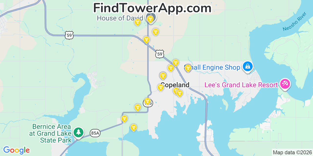 Map showing the 20 primary cell tower locations detected in Copeland, Oklahoma from AT&T, Verizon, and T-Mobile networks