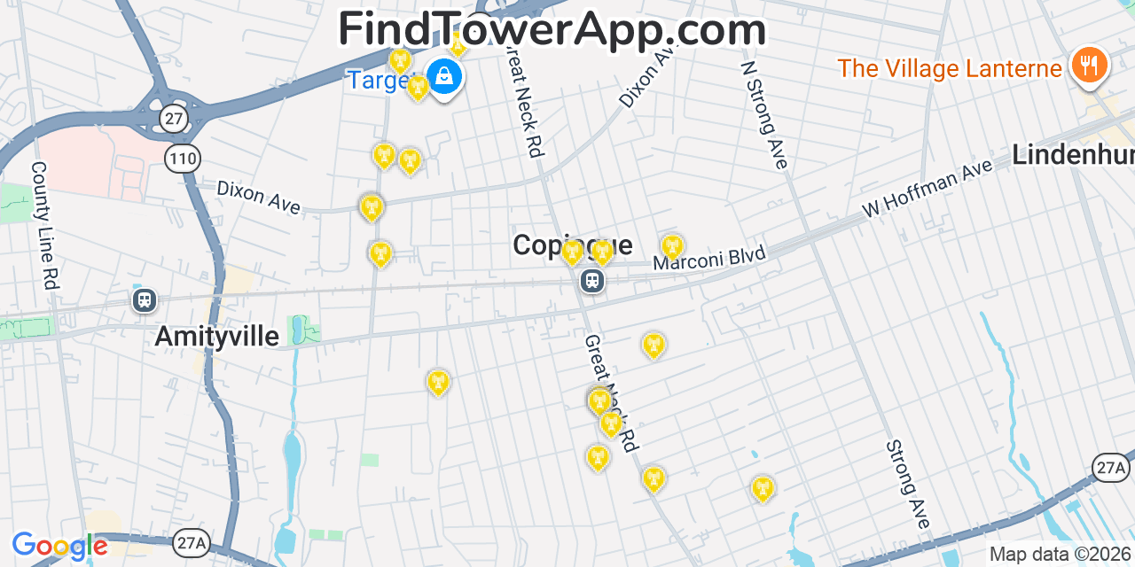 Map showing the 20 primary cell tower locations detected in Copiague, New York from AT&T, Verizon, and T-Mobile networks