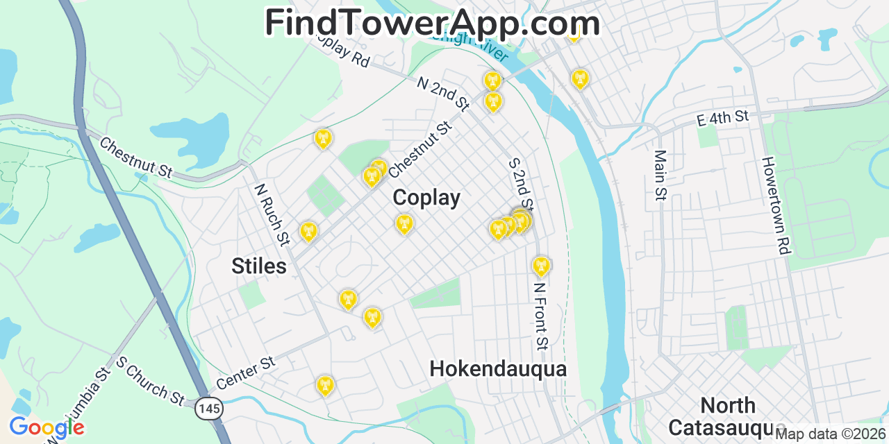 Map showing the 20 primary cell tower locations detected in Coplay, Pennsylvania from AT&T, Verizon, and T-Mobile networks