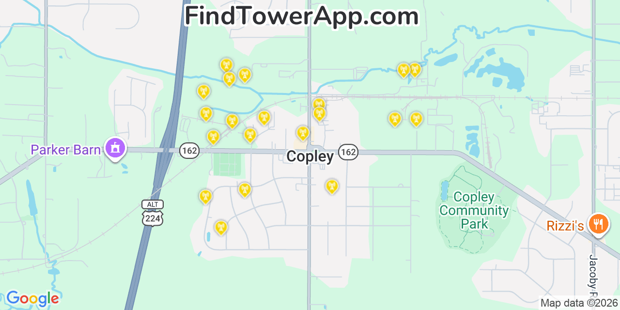 Map showing the 20 primary cell tower locations detected in Copley, Ohio from AT&T, Verizon, and T-Mobile networks