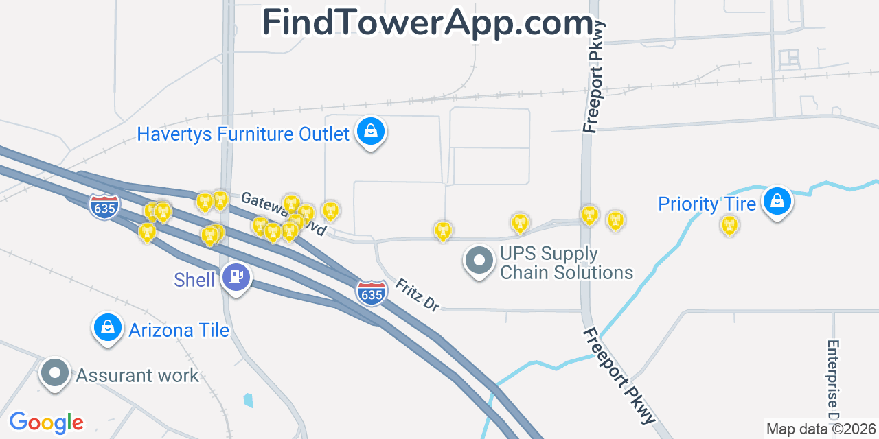 Map showing the 20 primary cell tower locations detected in Coppell, Texas from AT&T, Verizon, and T-Mobile networks