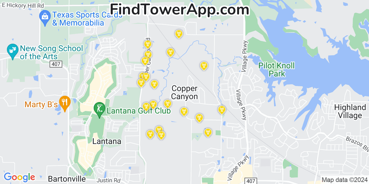 AT&T 4G/5G cell tower coverage map Copper Canyon, Texas