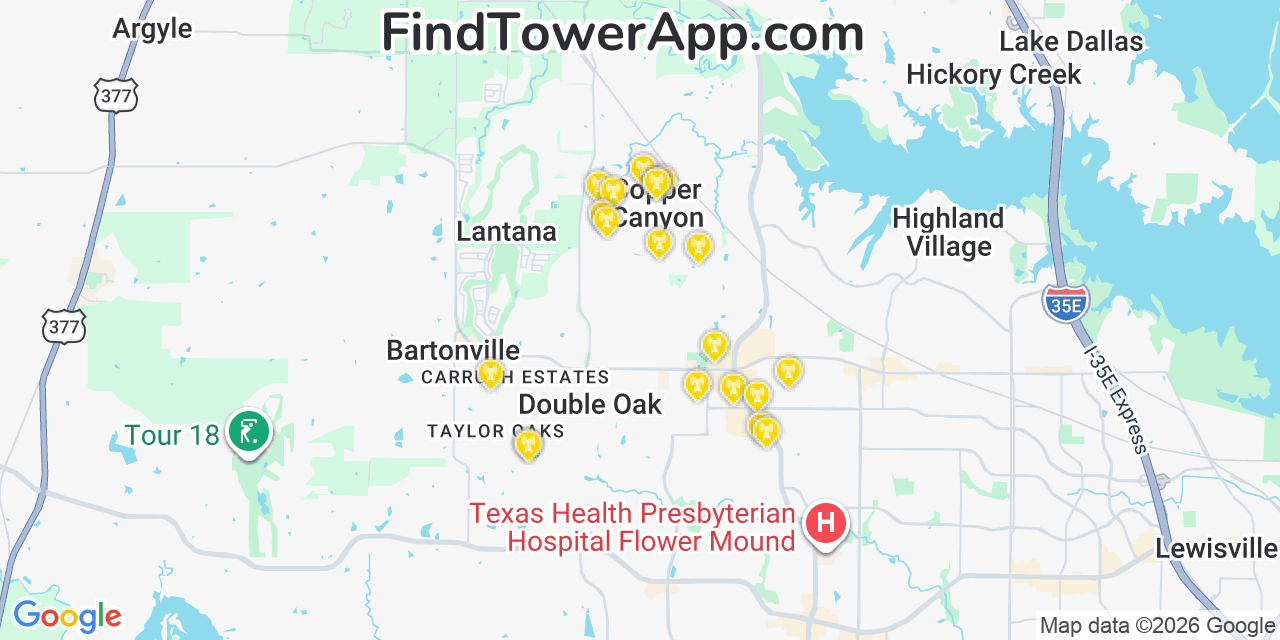 Map showing the 20 primary cell tower locations detected in Copper Canyon, Texas from AT&T, Verizon, and T-Mobile networks
